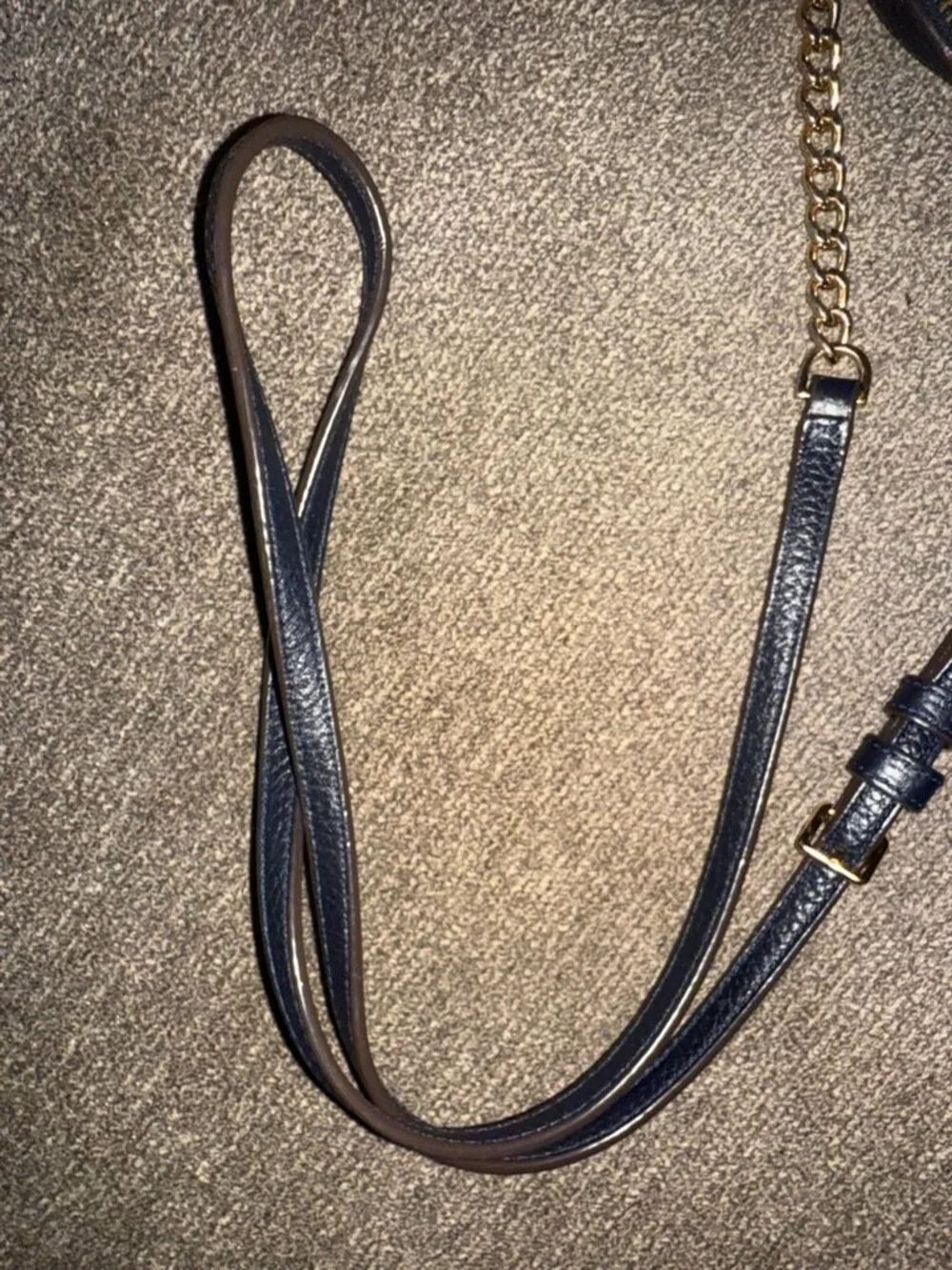 Tory Burch Navy Logo Round Pebbled Leather Bag